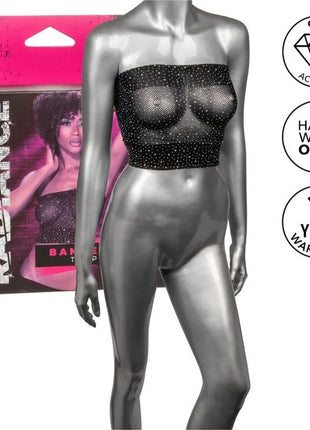 Schwarzer bandeau bodysuit mit funkelnden strassakzenten auf silberner schaufensterpuppe von calexotics