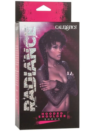 Schwarzer glitzernder kapuzen-schulterluker mit glitzertextur von calextics im packaging sichtbar