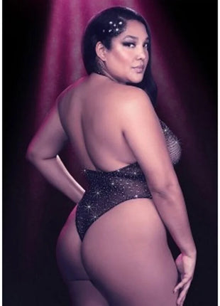 Schimmernder schwarzer pailletten-body mit hoher taille und rückenfreiem design von calexotics in plusgröße, rückansicht