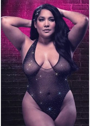 Schwarzer mesh bodysuit mit funkelnden sternförmigen verzierungen von calexotics in plus größe
