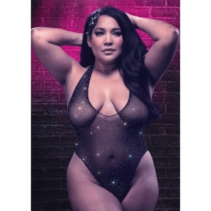 Schwarzer mesh bodysuit mit funkelnden sternförmigen verzierungen von calexotics in plus größe