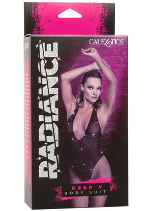 Schwarzer glitzernder tief ausgeschnittener body im calexotics radiance schulterzucker rhein packaging