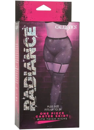 Radiance strapsgürtel-rock plusgröße von calexotics schwarz mesh einteiler mit carter rock und oberschenkelhohen strapstrümpfen