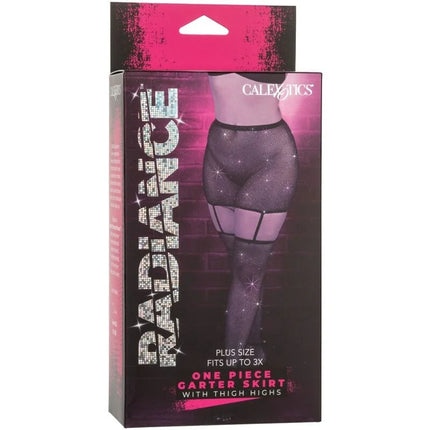 Radiance strapsgürtel-rock plusgröße von calexotics schwarz mesh einteiler mit carter rock und oberschenkelhohen strapstrümpfen