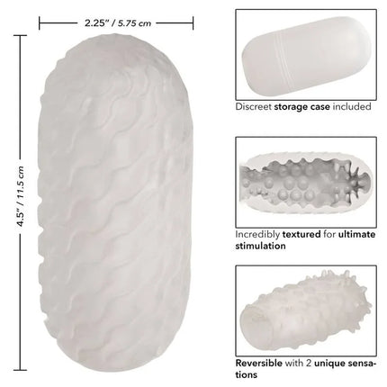 Weißer durchsichtiger silikon stroker mit welliger textur und wendbarem design für zwei unterschiedliche sinnliche erfahrungen