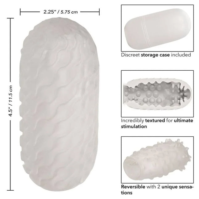 Weißer durchsichtiger silikon stroker mit welliger textur und wendbarem design für zwei unterschiedliche sinnliche erfahrungen