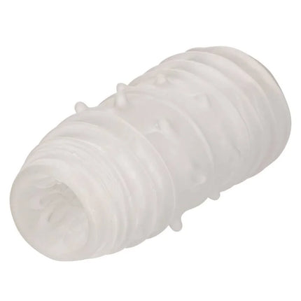 Transluzentes weißes silikonrohr mit geriffelter struktur und kleinen vorsprüngen caexotics reversible ribbed stroker
