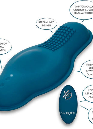Tealfarbener anatomisch geformter rider massager mit strukturierter oberfläche und doppelmotor von calexotics