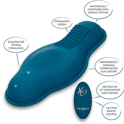 Tealfarbener anatomisch geformter rider massager mit strukturierter oberfläche und doppelmotor von calexotics
