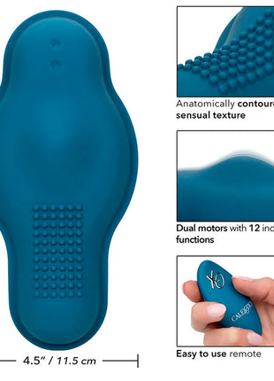 Tealblauer silikon rider massager mit doppelmotor und texturierter oberfläche von calexotics