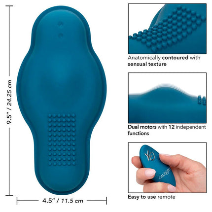 Tealblauer silikon rider massager mit doppelmotor und texturierter oberfläche von calexotics
