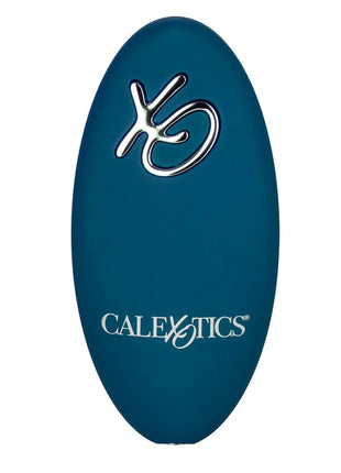 Teal oval rider massager with doppelmotor fernbedienung in blau featuring calexotics silver logo and text
