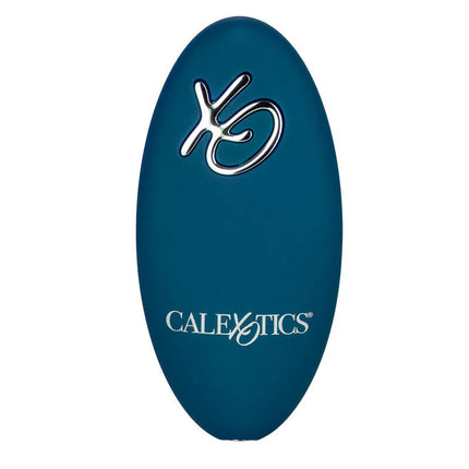 Teal oval rider massager with doppelmotor fernbedienung in blau featuring calexotics silver logo and text