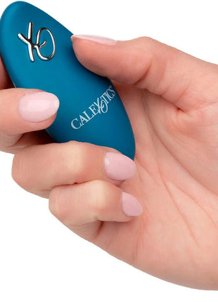 Teal calexotics rider massager doppelmotor mit fernbedienung und silbernem logo auf glatter oberfläche