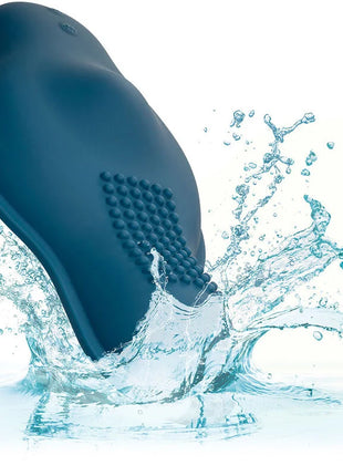 Teal silikon delfinförmiger vibrator mit strukturierter oberfläche und abgerundeten konturen von calexotics rider massager doppelmotor fernbedienung blau