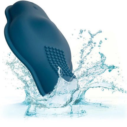 Teal silikon delfinförmiger vibrator mit strukturierter oberfläche und abgerundeten konturen von calexotics rider massager doppelmotor fernbedienung blau