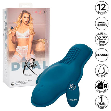 Teal silikon dolphin-förmiger vibrator mit doppelmotor und fernbedienung calexotics rider massager blau