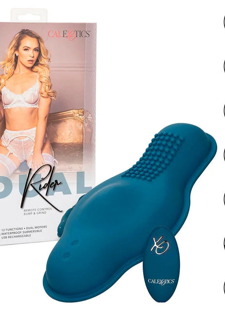 Teal silikon dolphin-förmiger vibrator mit doppelmotor und fernbedienung calexotics rider massager blau