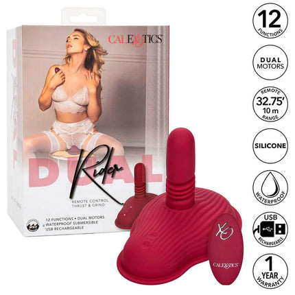 Die rote silikon rider massager mit doppelmotor und fernbedienung von calextics hat ein ergonomisches design