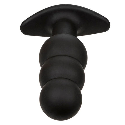 Schwarzer silikon analplug von calexotics mit ergonomischer basis und drei abgerundeten segmenten sichtbar von der rückseite