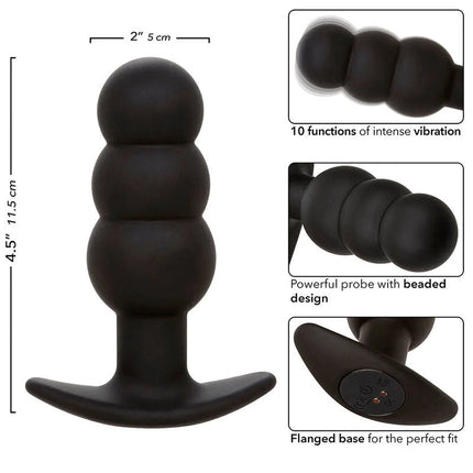 Schwarzer silikon analplug mit perlendetail und flansch von calexotics mit 10 vibrationen