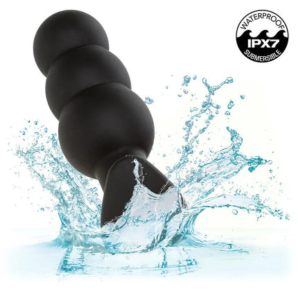 Schwarzer, glänzender silikon-analplug mit segmentiertem design und gerundeten enden von calexotics mit 10 vibrationen