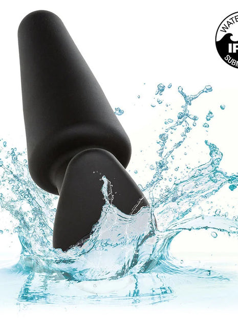 Schwarzer glänzender silikon-analplug mit tapered design und 10 vibrationsmodi von calexotics