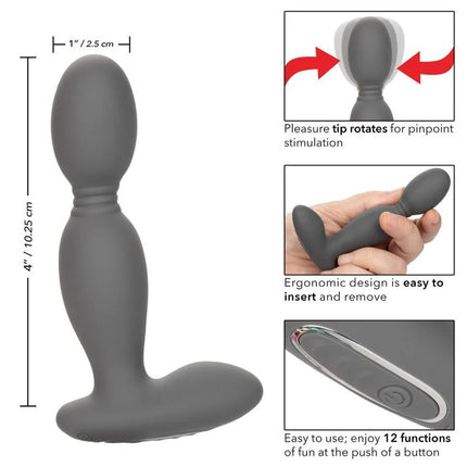 Grauer silikon analplug von CalExotics mit rotierendem spaßaufsatz und ergonomischem design für einfache einführung