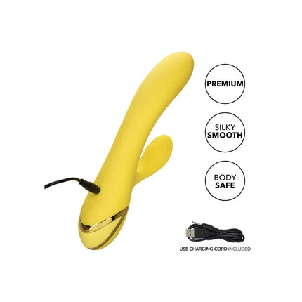 Gelber silikonvibrator mit goldakzent und usb-ladekabel von calexotics san diego verfühung