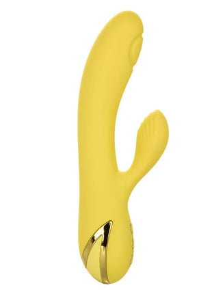 Gelber silikon vibrator in kaninchenform mit goldfarbenen metallakzenten von calexotics san diego verführung