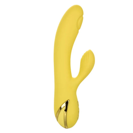 Gelber silikon vibrator in kaninchenform mit goldfarbenen metallakzenten von calexotics san diego verführung