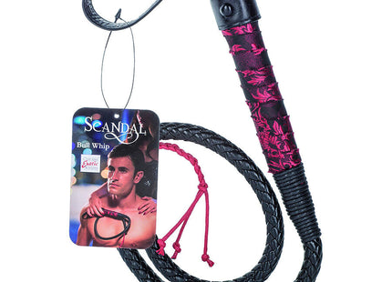 Calexotics scandal schwarzer bullwhip aus leder mit rosa blumenmustergriff und roten geflochtenen kordenden