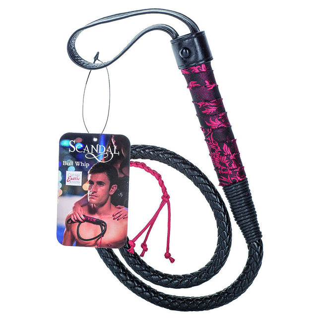 Calexotics scandal schwarzer bullwhip aus leder mit rosa blumenmustergriff und roten geflochtenen kordenden