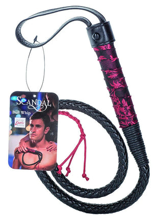 Calexotics scandal schwarzer bullwhip aus leder mit rosa blumenmustergriff und roten geflochtenen kordenden