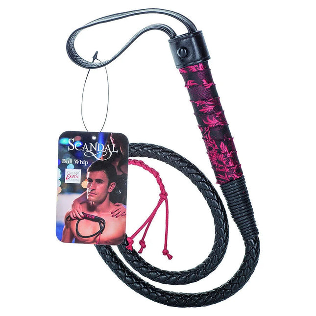 Calexotics scandal schwarzer bullwhip aus leder mit rosa blumenmustergriff und roten geflochtenen kordenden