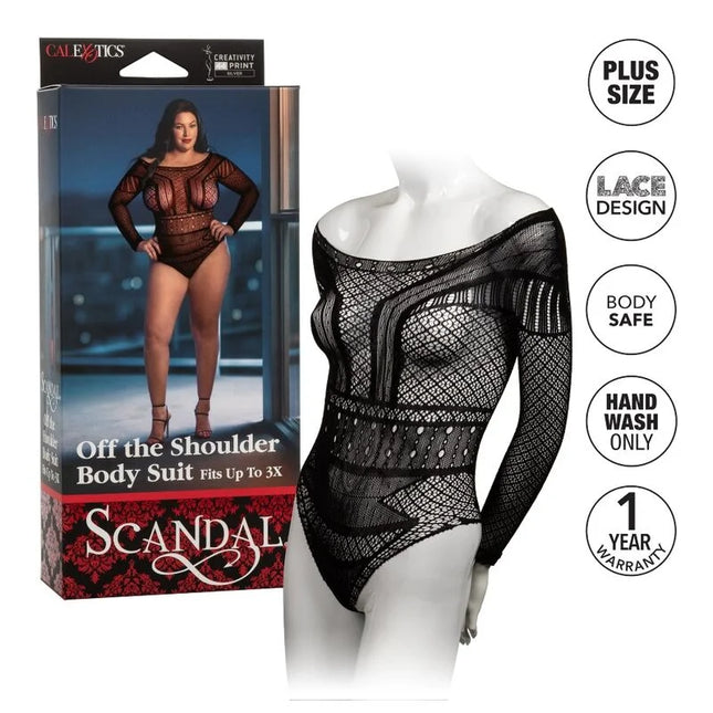 CalExotics scandal schulter-bodysuit in Übergröße schwarzer spitzen-body mit langen Ärmeln auf Schaufensterpuppe