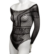 Schwarzer spitzebodysuit mit langen ärmeln und schulterfreiem design von calexotics in übergröße