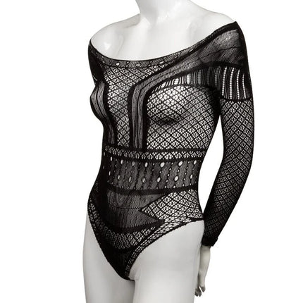 Schwarzer spitzebodysuit mit langen ärmeln und schulterfreiem design von calexotics in übergröße
