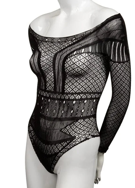 Schwarzer spitzebodysuit mit langen ärmeln und schulterfreiem design von calexotics in übergröße