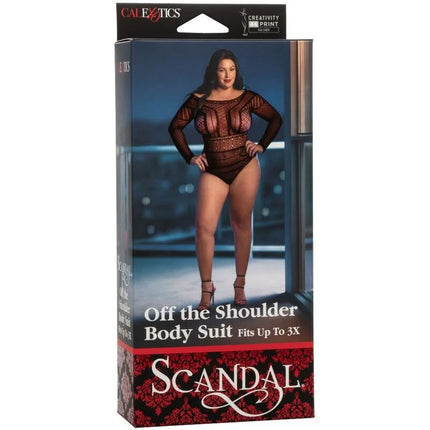 Calexotics scandal schulter-bodysuit in übergröße schwarzer body mit transparentem mesh und spitze im karton