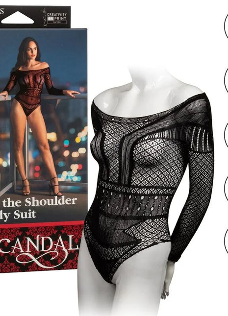 Calexotics scandal schulterkörperanzug schwarze spitze off-shoulder langarm mit feinem muster auf schaufensterpuppe