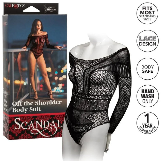 Calexotics scandal schulterkörperanzug schwarze spitze off-shoulder langarm mit feinem muster auf schaufensterpuppe