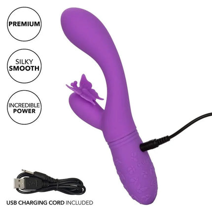 Purpurner silikon vibrator calexotics schmetterling kuss flutter mit schmetterlingsaufsatz texturiertem griff und usb-ladekabel
