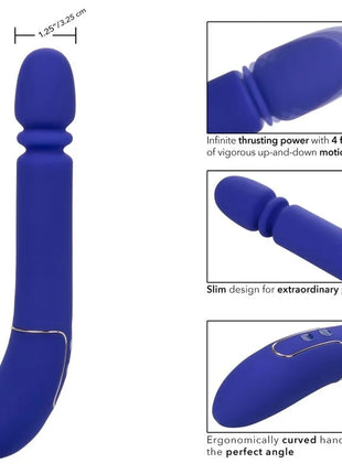 Ein schlanker royalblauer silikon vibrierender wand mit gebogenem ergonomischem griff und vier bewegungseinstellungen von CalExotics Shameless Slim Thumper Blau