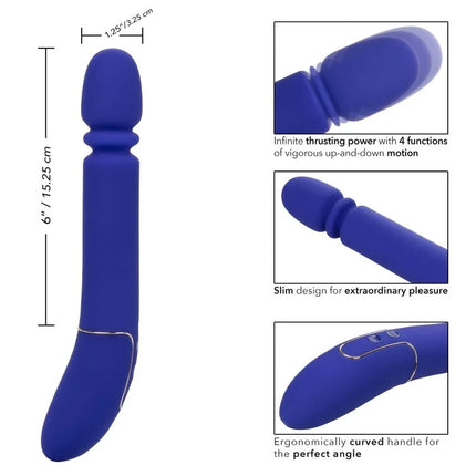 Ein schlanker royalblauer silikon vibrierender wand mit gebogenem ergonomischem griff und vier bewegungseinstellungen von CalExotics Shameless Slim Thumper Blau