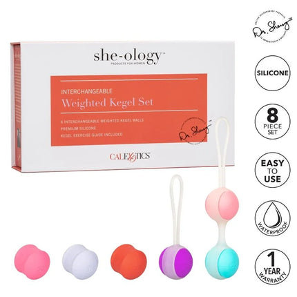 Die calexotics she-ology set bolas kegel intercambiables enthält sechs silikonkegel in lebhaften farben mit glatter oberfläche
