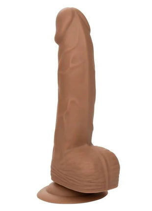 Tanfarbener realistischer silikon-dildo mit strukturierter oberfläche und rundem sockel von calexotics braun