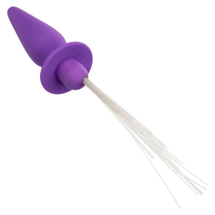 Lila silikon analstecker mit 10 vibrationen und klaren flexiblen fasersträngen am fuß von calexotics southern lights