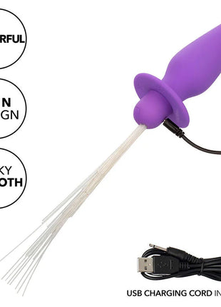 Ländlicher licht leuchtender lila silikon analstecker mit 10 vibrationen transparenten filamente und usb ladegerät