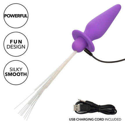 Ländlicher licht leuchtender lila silikon analstecker mit 10 vibrationen transparenten filamente und usb ladegerät